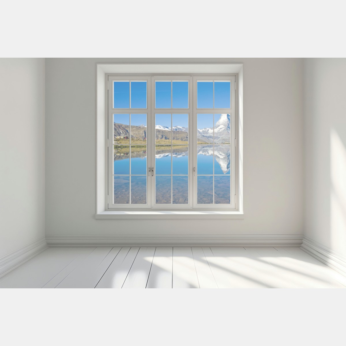 Naklejka na okno alpejskie odbicie górskie nad spokojnym jeziorem – Wallissimo® Naklejka na okno alpejskie odbicie górskie nad spokojnym jeziorem – Wallissimo®