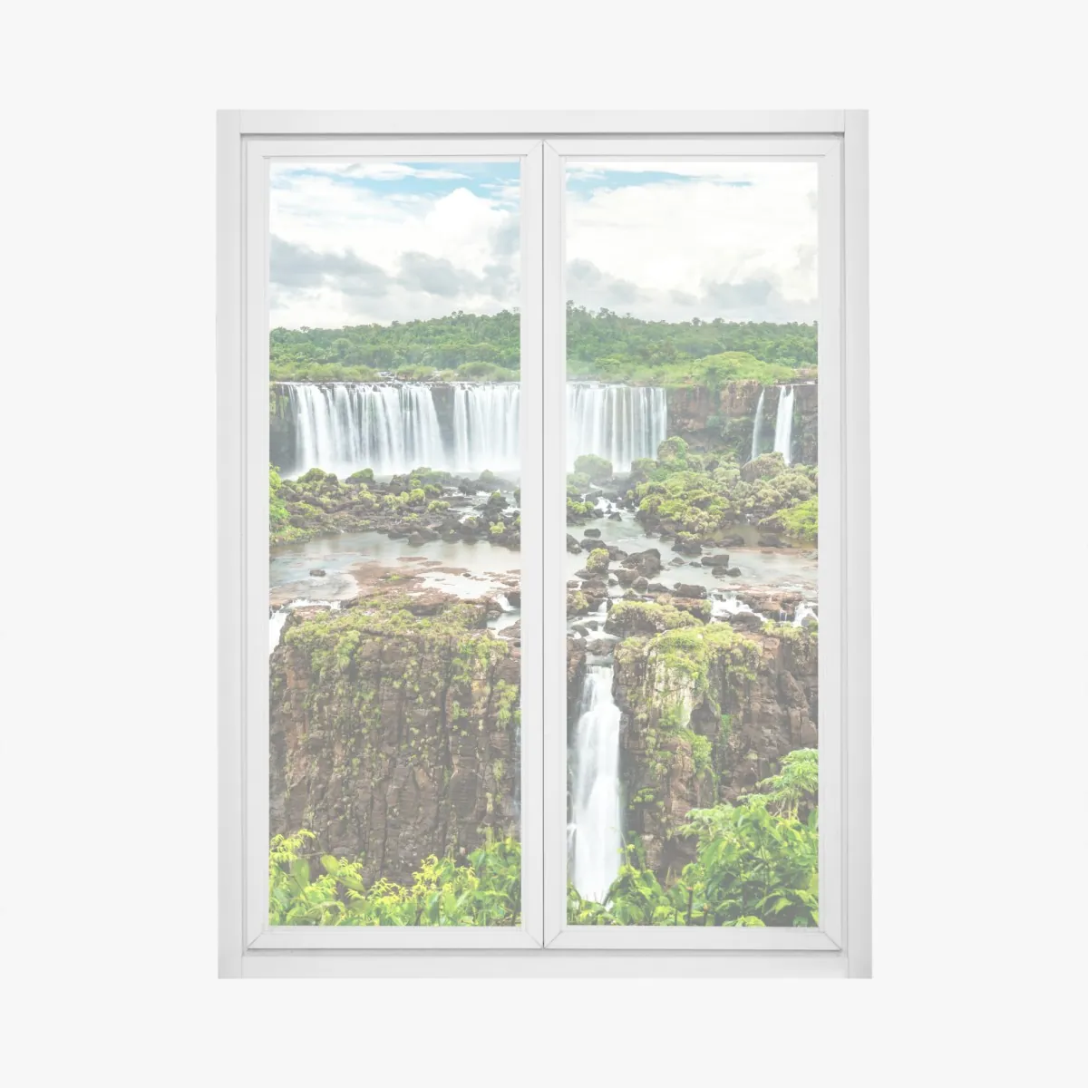 Naklejka na okno panorama bujnego zielonego wodospadu – Wallissimo® Naklejka na okno panorama bujnego zielonego wodospadu – Wallissimo®