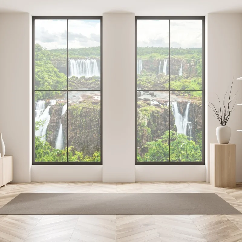 Naklejka na okno panorama bujnego zielonego wodospadu – Wallissimo® Naklejka na okno panorama bujnego zielonego wodospadu – Wallissimo®