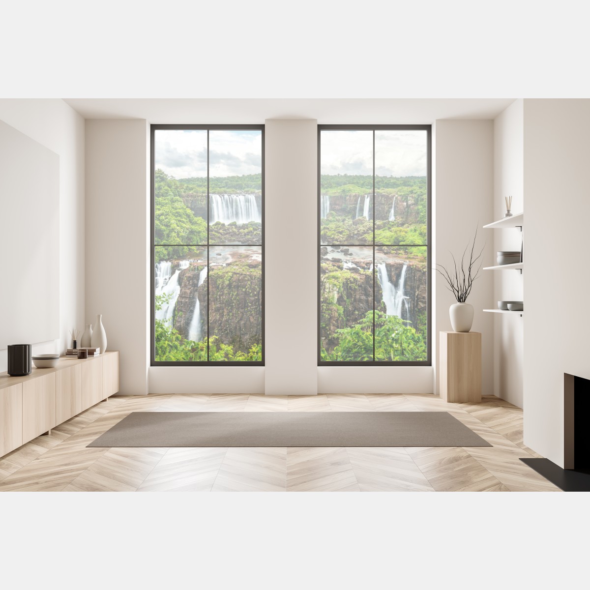 Naklejka na okno panorama bujnego zielonego wodospadu – Wallissimo® Naklejka na okno panorama bujnego zielonego wodospadu – Wallissimo®