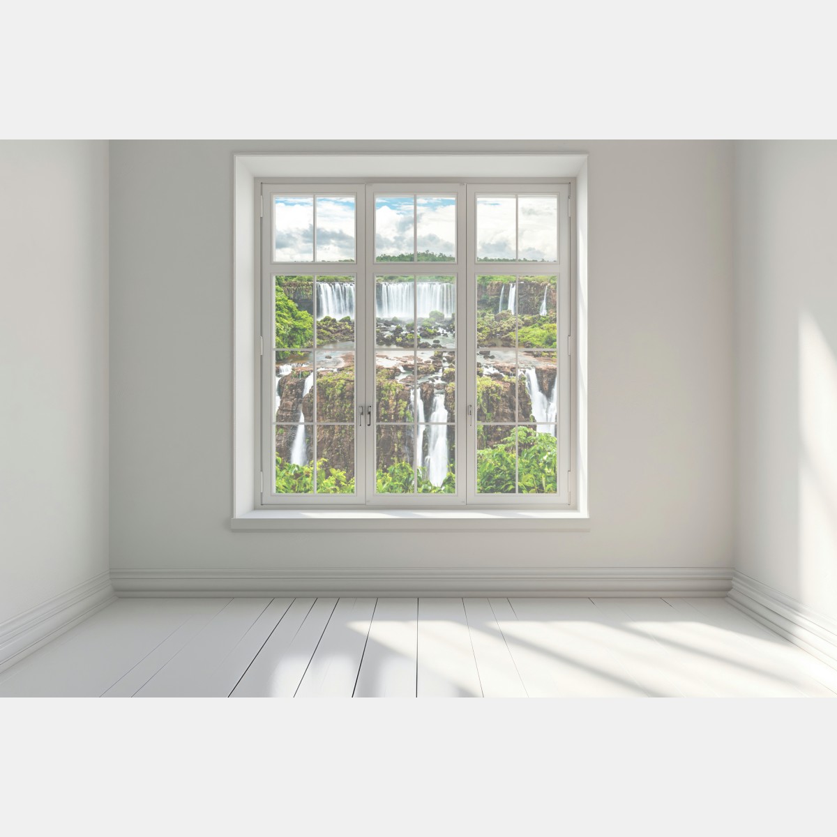 Naklejka na okno panorama bujnego zielonego wodospadu – Wallissimo® Naklejka na okno panorama bujnego zielonego wodospadu – Wallissimo®