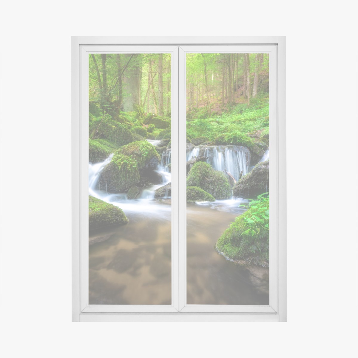 Window decal tranquil mossy forest waterfall