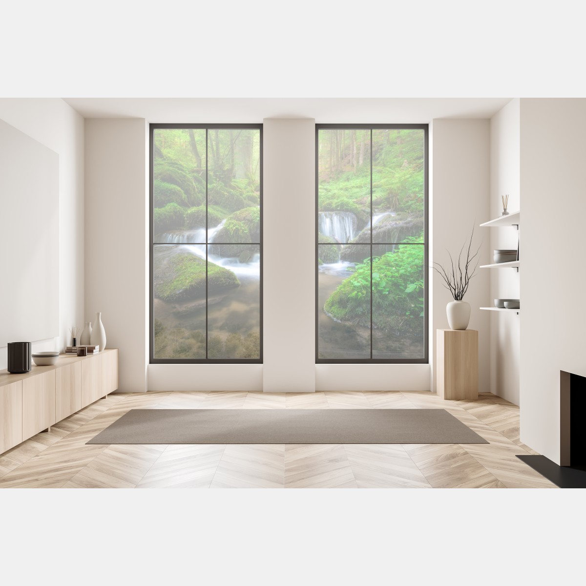 Naklejka na okno spokojny mechowy wodospad w lesie – Wallissimo® Naklejka na okno spokojny mechowy wodospad w lesie – Wallissimo®