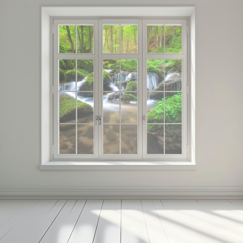 Naklejka na okno spokojny mechowy wodospad w lesie – Wallissimo® Naklejka na okno spokojny mechowy wodospad w lesie – Wallissimo®