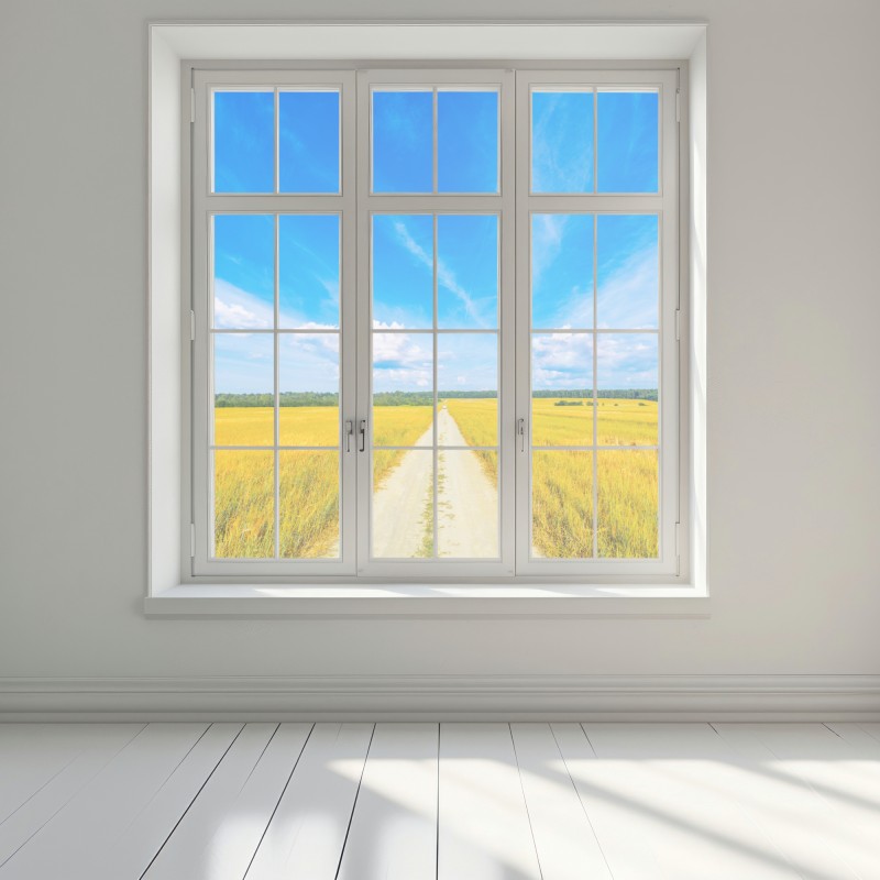 Naklejka na okno złote pole pod szerokim błękitnym niebem – Wallissimo® Naklejka na okno złote pole pod szerokim błękitnym niebem – Wallissimo®