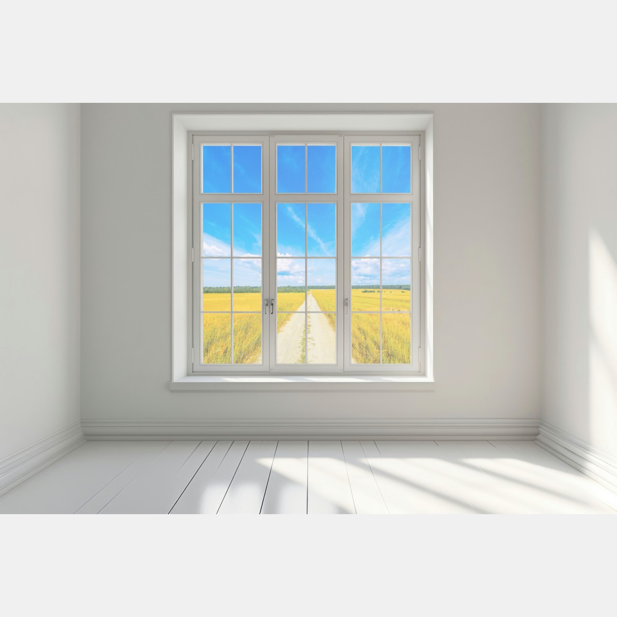 Naklejka na okno złote pole pod szerokim błękitnym niebem – Wallissimo® Naklejka na okno złote pole pod szerokim błękitnym niebem – Wallissimo®