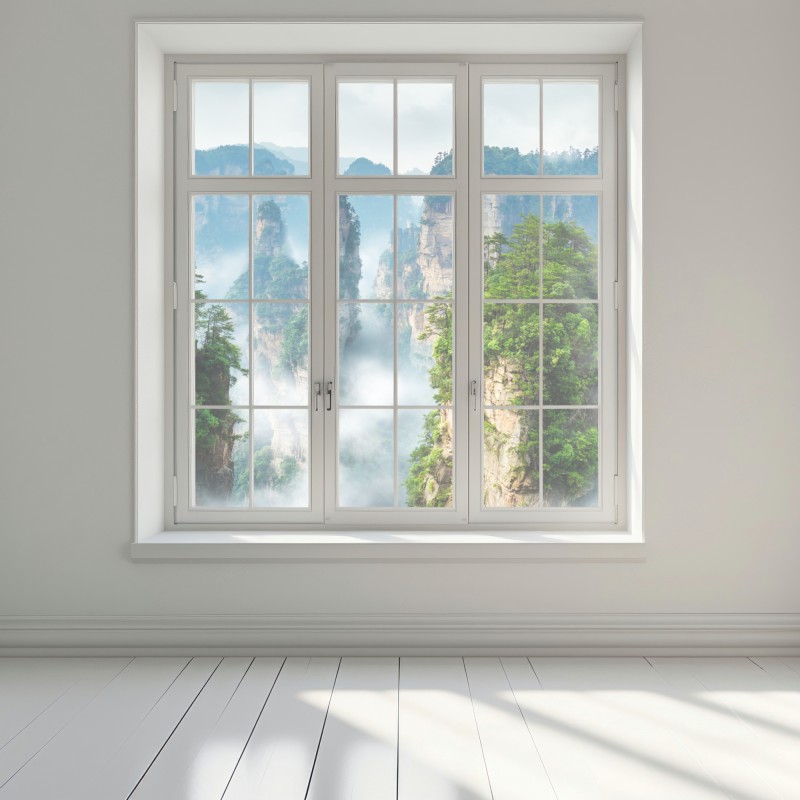 Naklejka na okno mgliste filary górskie – Wallissimo® Naklejka na okno mgliste filary górskie – Wallissimo®