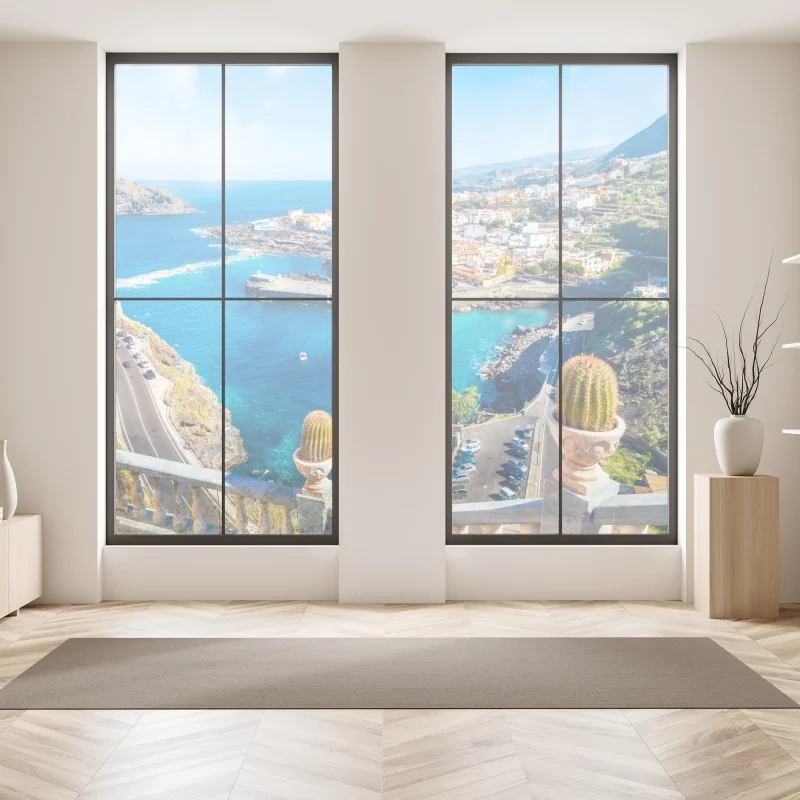 Naklejka na okno słoneczna łąka z mniszkami i błękitnym niebem – Wallissimo®