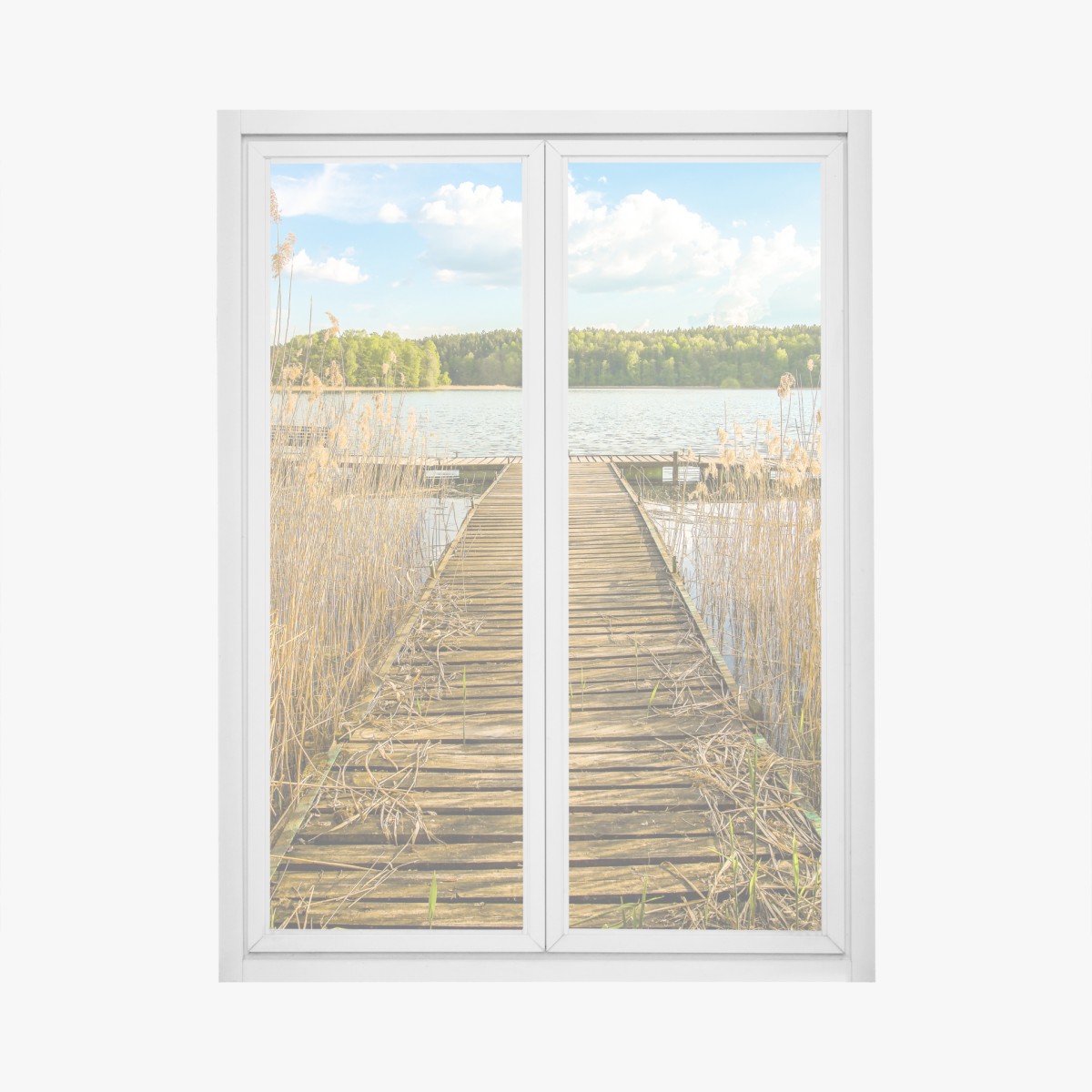 Window decal wooden pier leading to a tranquil lake