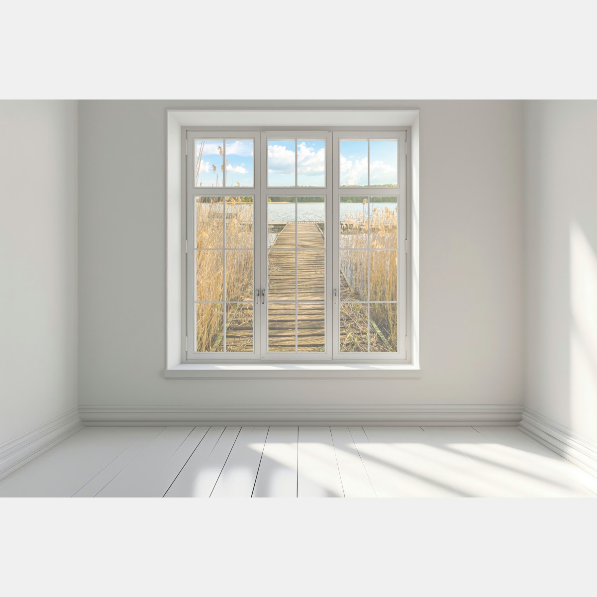Naklejka na okno drewniany pomost nad spokojnym jeziorem – Wallissimo® Naklejka na okno drewniany pomost nad spokojnym jeziorem – Wallissimo®