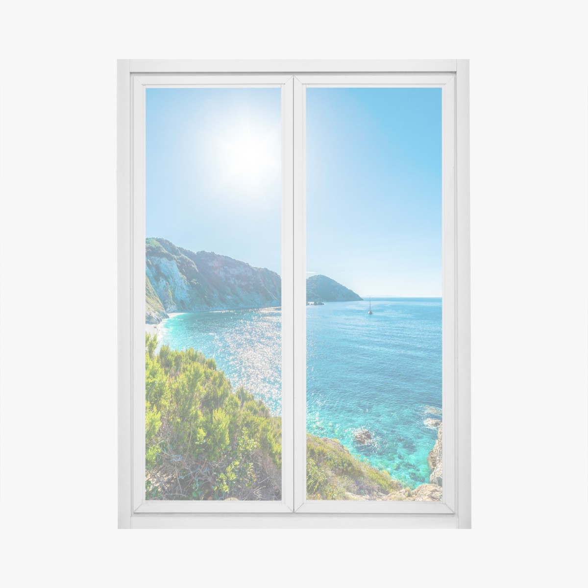Window decal sunlit panorama of Sansone Beach, Elba Island