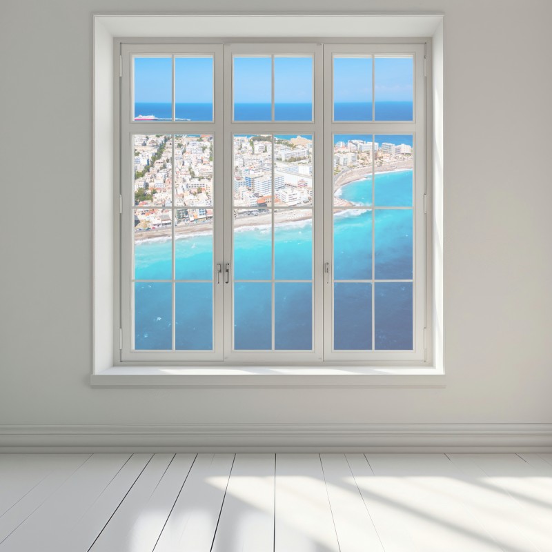 Naklejka na okno panorama lotnicza wybrzeża Rodos – Wallissimo® Naklejka na okno panorama lotnicza wybrzeża Rodos – Wallissimo®