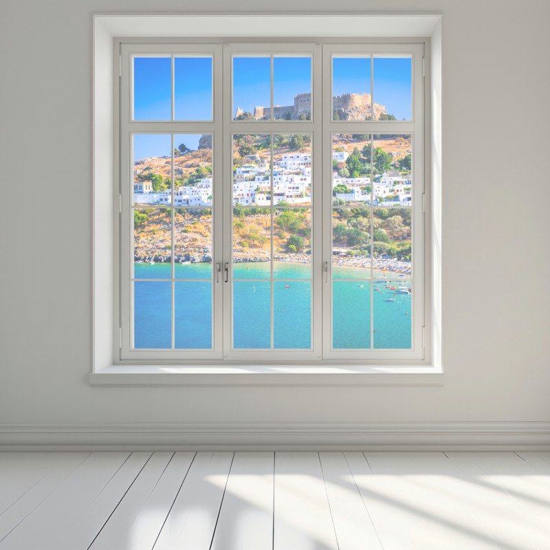 Naklejka na okno Lindos: akropol nad białą wioską, Rodos – Wallissimo® Naklejka na okno Lindos: akropol nad białą wioską, Rodos – Wallissimo®