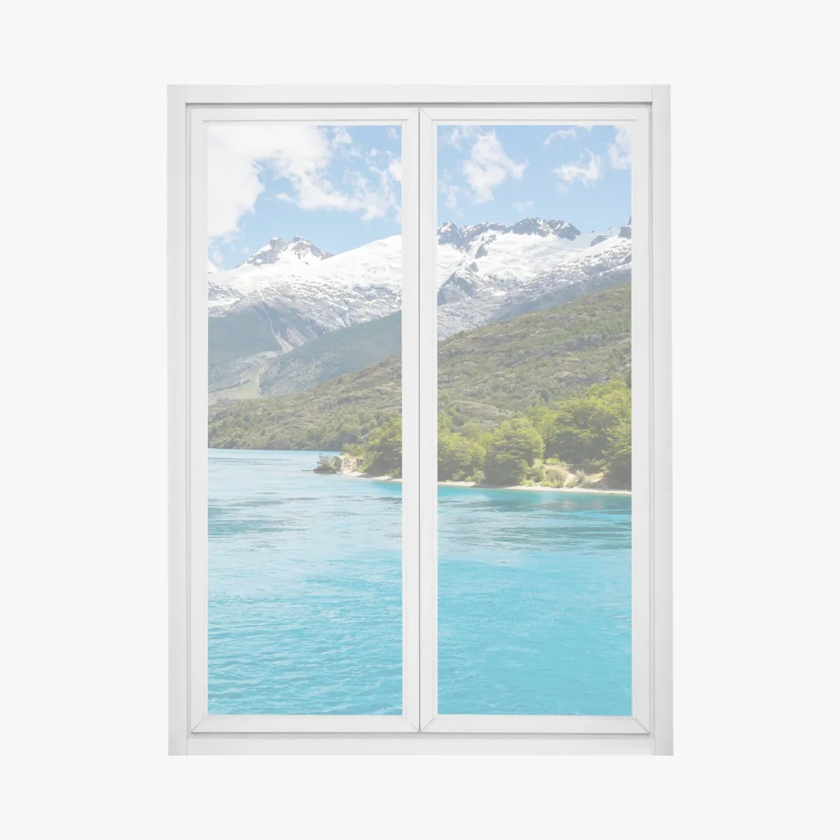 Naklejka na okno turkusowe jezioro górskie z ośnieżonymi szczytami – Wallissimo® Naklejka na okno turkusowe jezioro górskie z ośnieżonymi szczytami – Wallissimo®