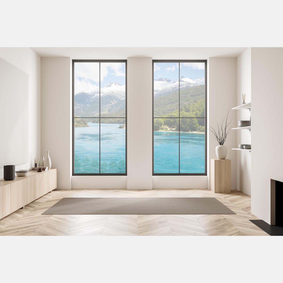 Naklejka na okno turkusowe jezioro górskie z ośnieżonymi szczytami – Wallissimo® Naklejka na okno turkusowe jezioro górskie z ośnieżonymi szczytami – Wallissimo®