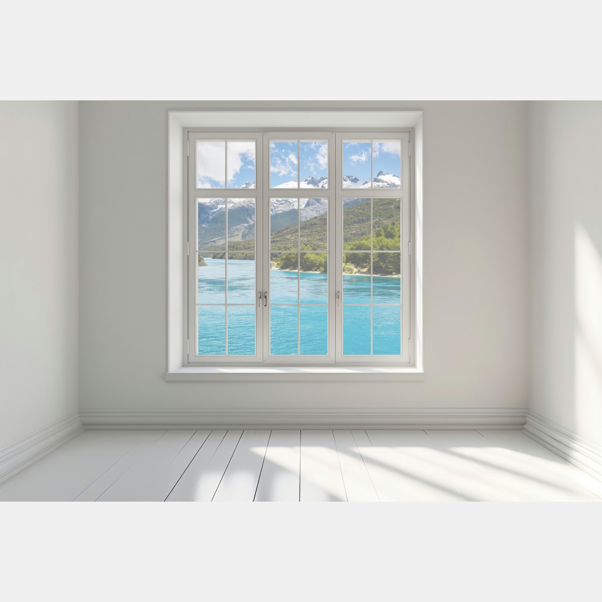 Naklejka na okno turkusowe jezioro górskie z ośnieżonymi szczytami – Wallissimo® Naklejka na okno turkusowe jezioro górskie z ośnieżonymi szczytami – Wallissimo®