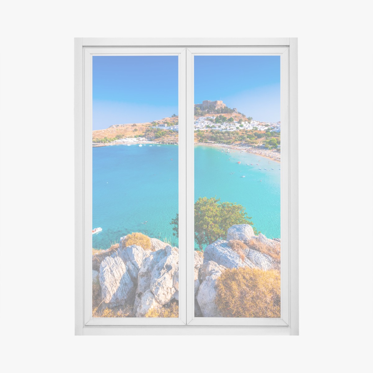 Window decal turquoise bay in Lindos, Rhodes