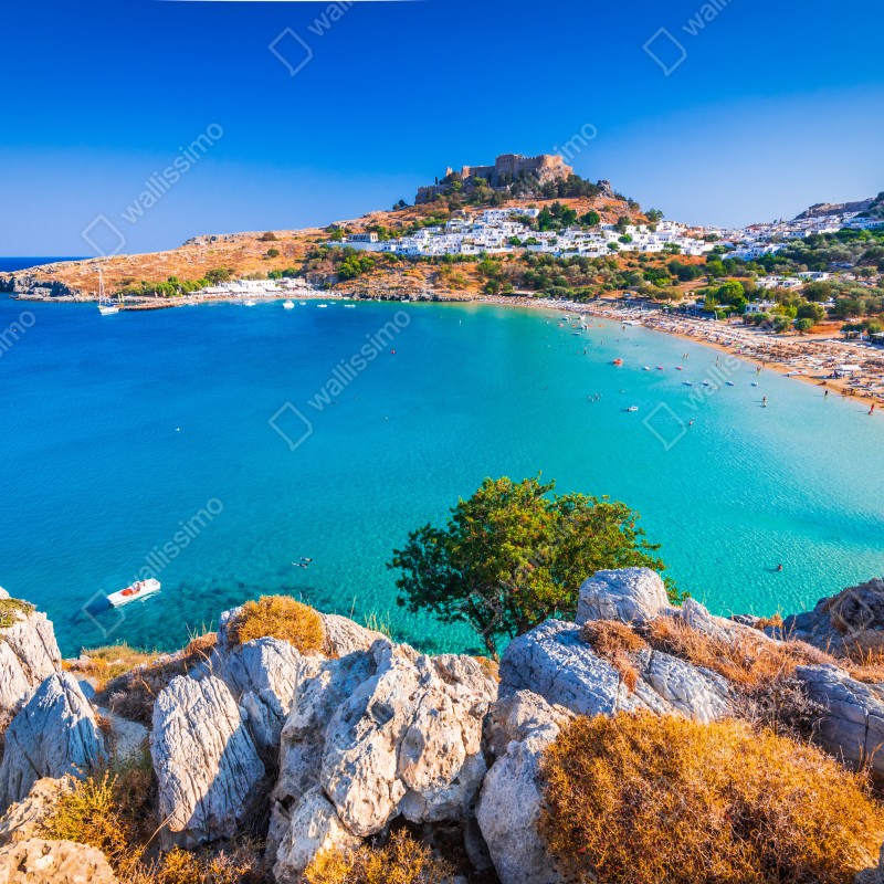 Naklejka na okno turkusowa zatoka w Lindos, Rodos – Wallissimo® Naklejka na okno turkusowa zatoka w Lindos, Rodos – Wallissimo®