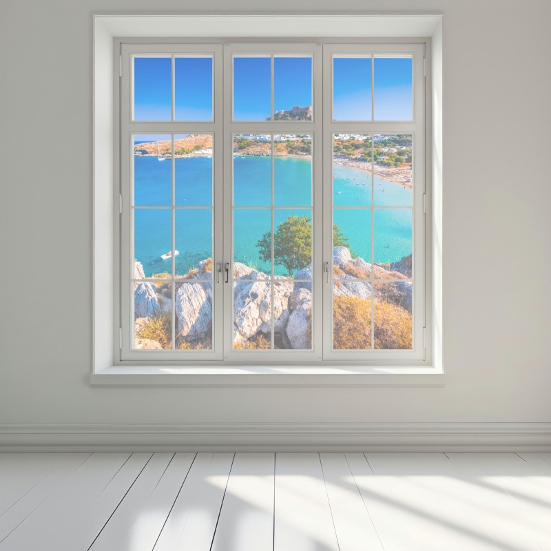 Naklejka na okno turkusowa zatoka w Lindos, Rodos – Wallissimo® Naklejka na okno turkusowa zatoka w Lindos, Rodos – Wallissimo®