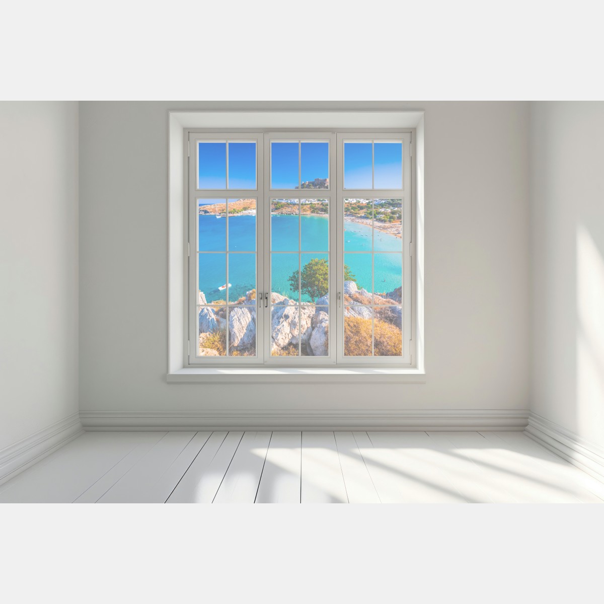 Naklejka na okno turkusowa zatoka w Lindos, Rodos – Wallissimo® Naklejka na okno turkusowa zatoka w Lindos, Rodos – Wallissimo®