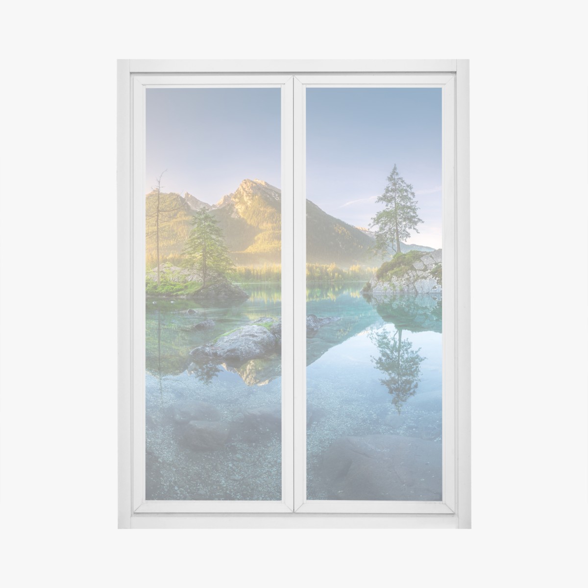Window decal alpine lake at sunrise with mirror reflection