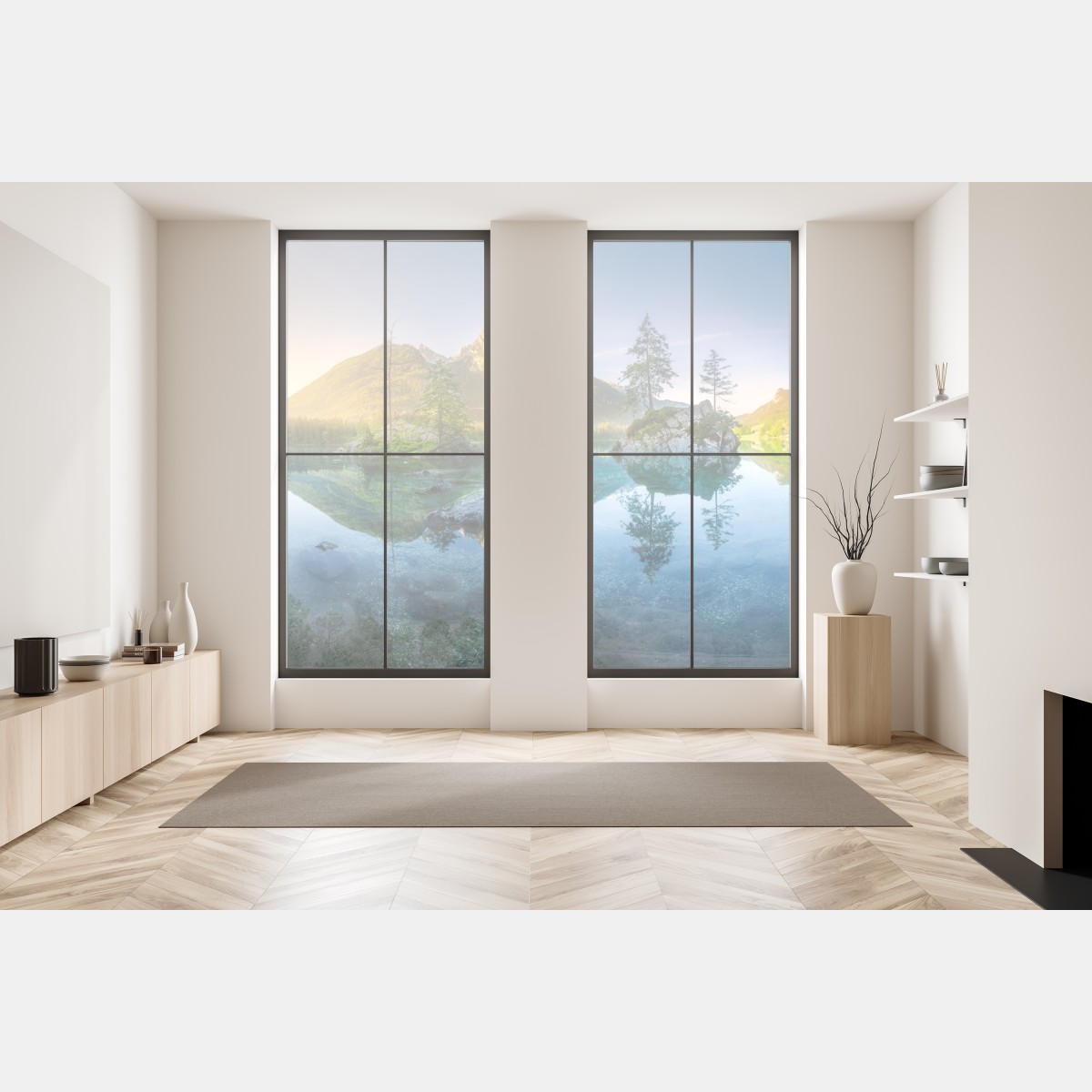 Naklejka na okno alpejskie jezioro o wschodzie słońca z lustrzanym odbiciem – Wallissimo® Naklejka na okno alpejskie jezioro o wschodzie słońca z lustrzanym odbiciem – Wallissimo®