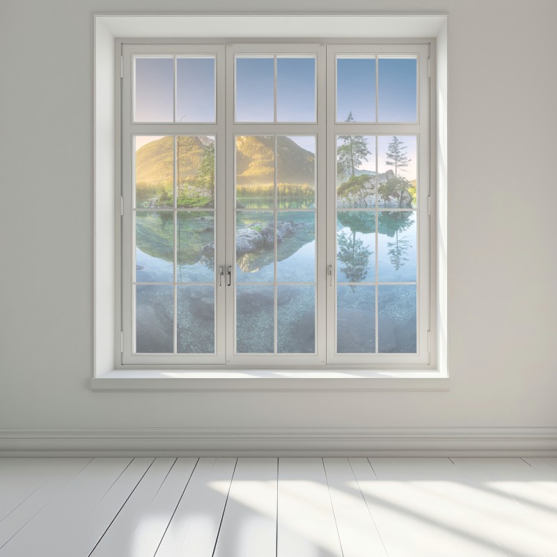 Naklejka na okno alpejskie jezioro o wschodzie słońca z lustrzanym odbiciem – Wallissimo® Naklejka na okno alpejskie jezioro o wschodzie słońca z lustrzanym odbiciem – Wallissimo®