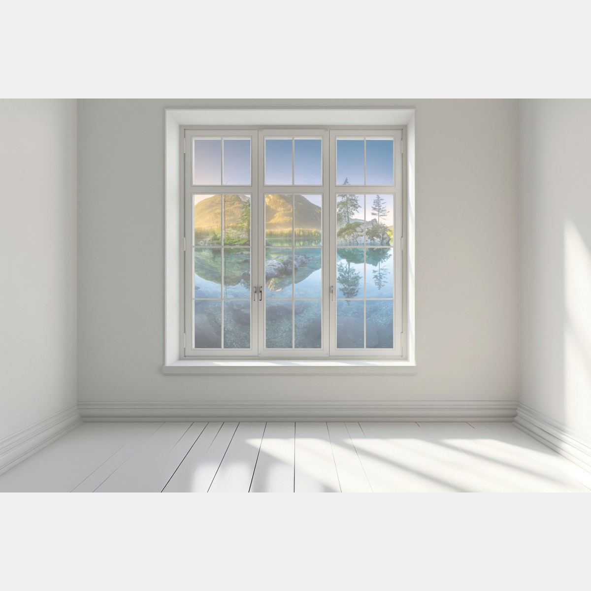 Naklejka na okno alpejskie jezioro o wschodzie słońca z lustrzanym odbiciem – Wallissimo® Naklejka na okno alpejskie jezioro o wschodzie słońca z lustrzanym odbiciem – Wallissimo®