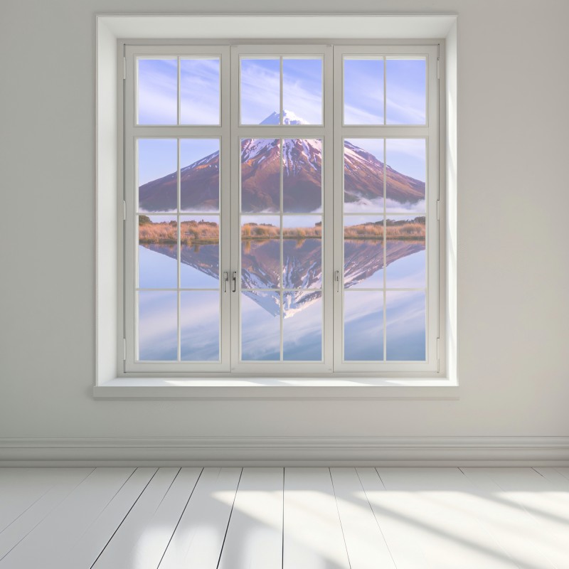 Naklejka na okno majestatyczne odbicie góry o wschodzie słońca – Wallissimo® Naklejka na okno majestatyczne odbicie góry o wschodzie słońca – Wallissimo®