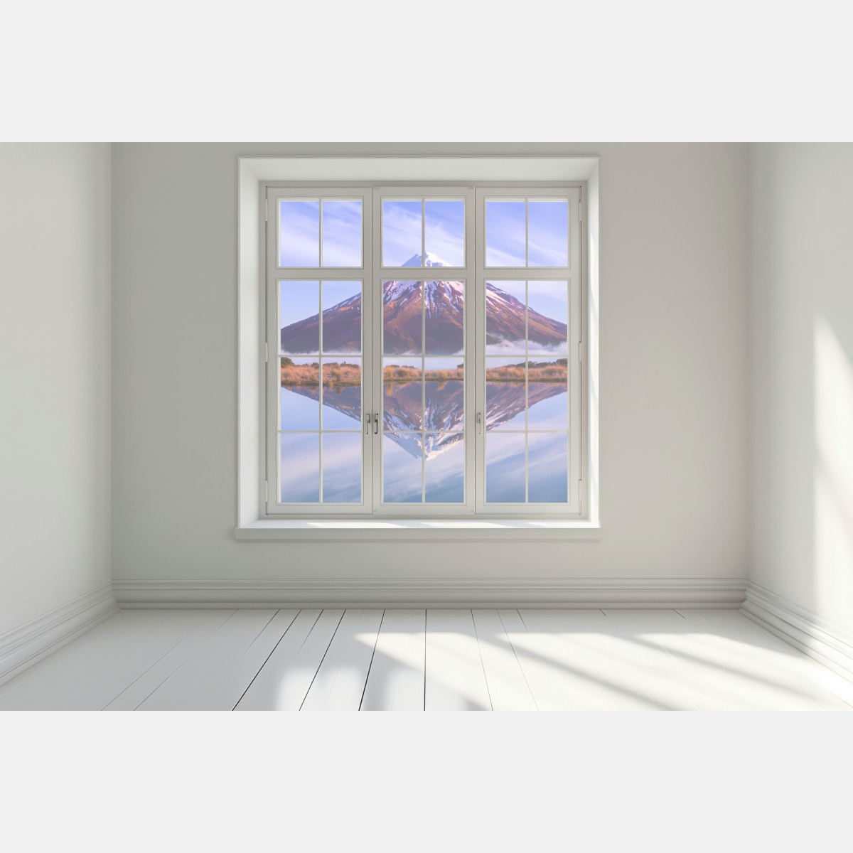 Naklejka na okno majestatyczne odbicie góry o wschodzie słońca – Wallissimo® Naklejka na okno majestatyczne odbicie góry o wschodzie słońca – Wallissimo®