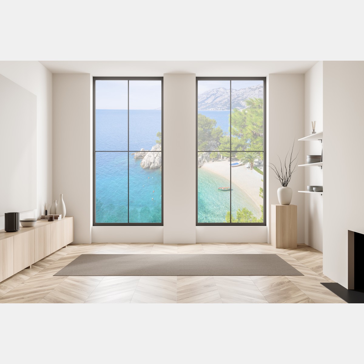 Naklejka na okno spokojna turkusowa zatoczka z łódkami – Wallissimo® Naklejka na okno spokojna turkusowa zatoczka z łódkami – Wallissimo®