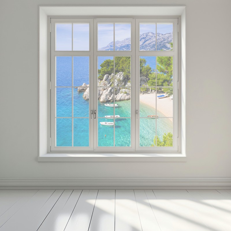 Naklejka na okno spokojna turkusowa zatoczka z łódkami – Wallissimo® Naklejka na okno spokojna turkusowa zatoczka z łódkami – Wallissimo®