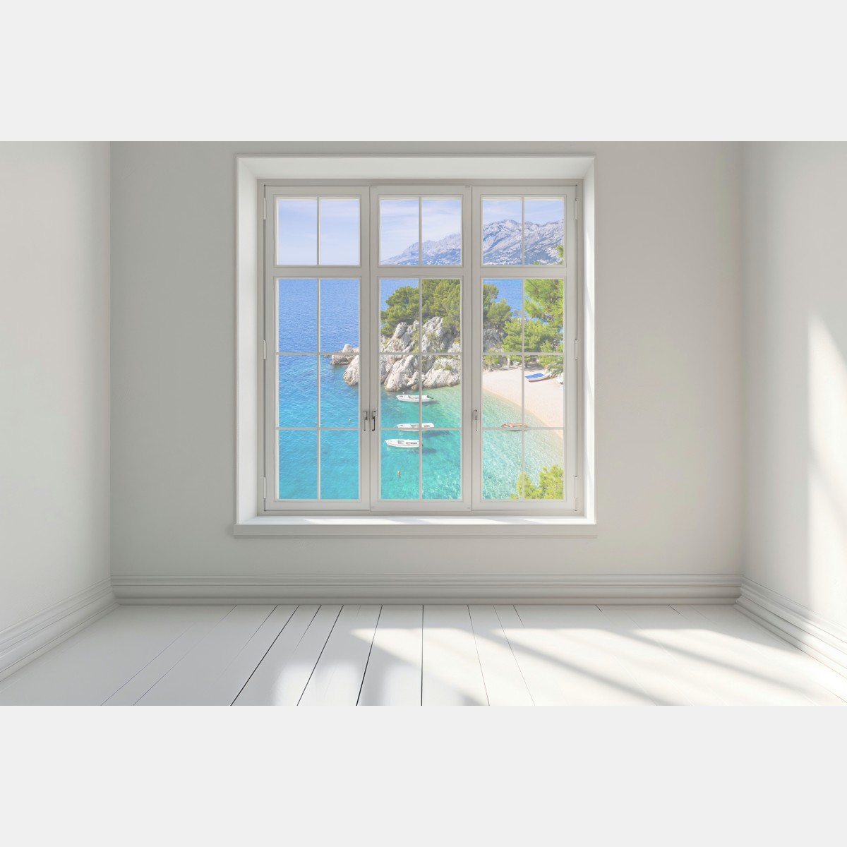 Naklejka na okno spokojna turkusowa zatoczka z łódkami – Wallissimo® Naklejka na okno spokojna turkusowa zatoczka z łódkami – Wallissimo®