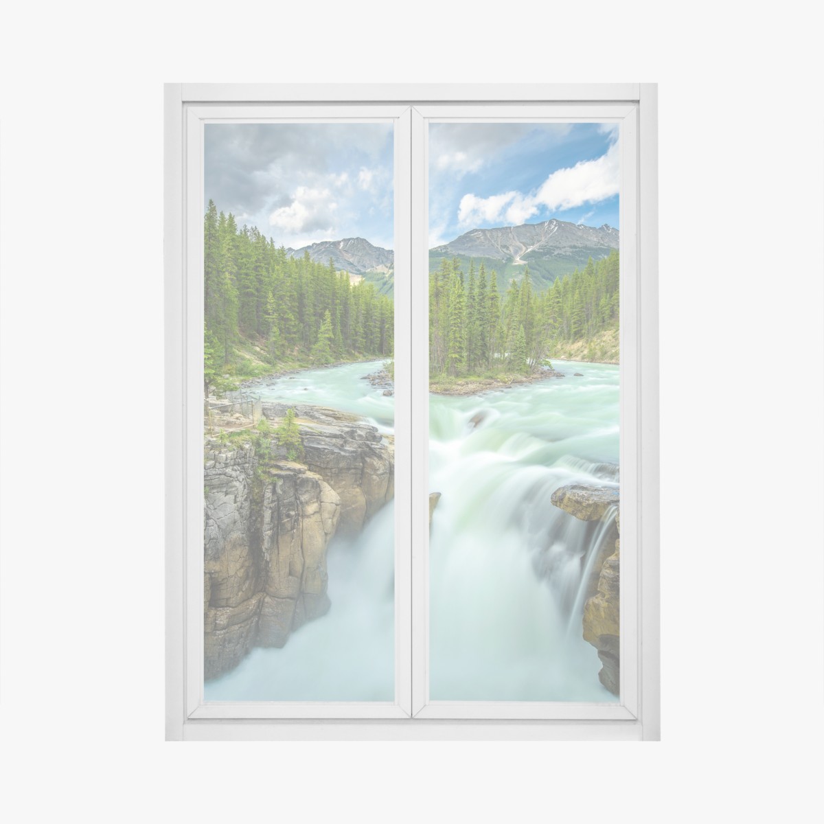 Window decal misty river gorge at Upper Sunwapta Falls, Jasper National Park