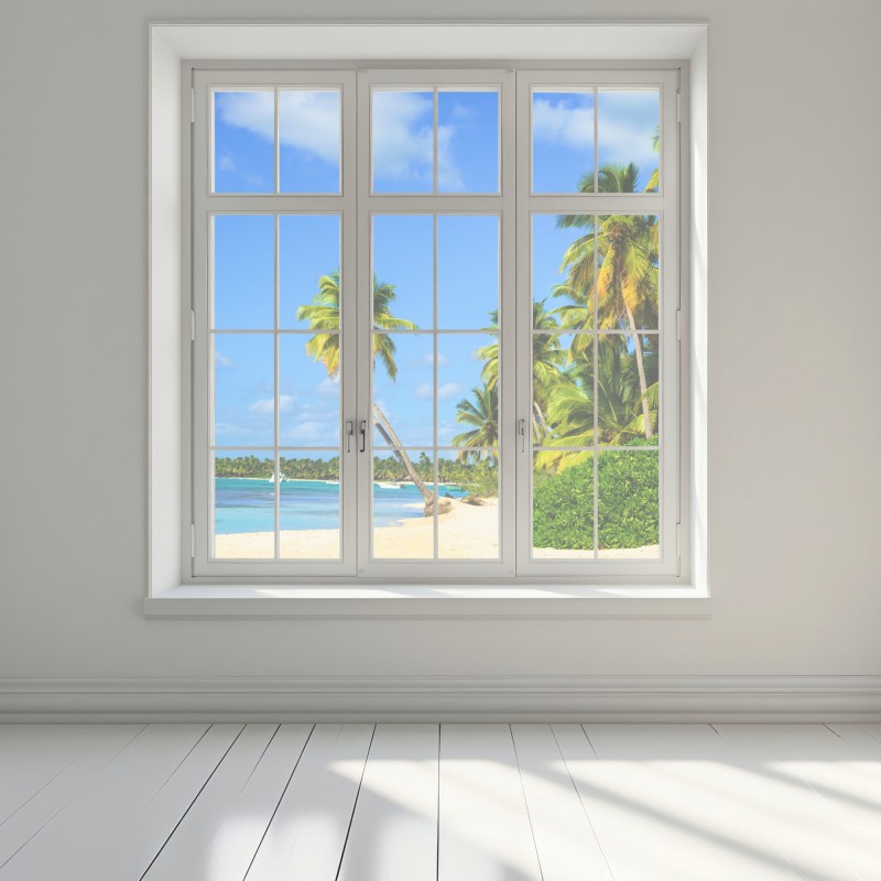 Naklejka na okno tropikalna plaża z palmami – Wallissimo® Naklejka na okno tropikalna plaża z palmami – Wallissimo®