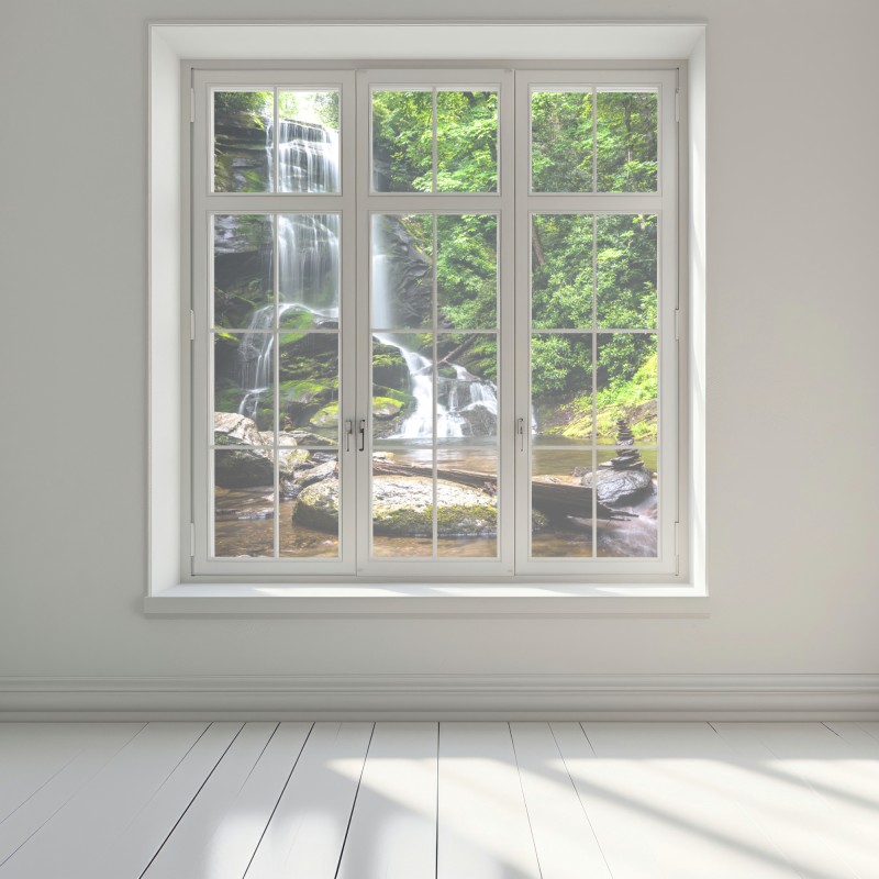 Naklejka na okno spokojny wodospad w lesie – Wallissimo® Naklejka na okno spokojny wodospad w lesie – Wallissimo®