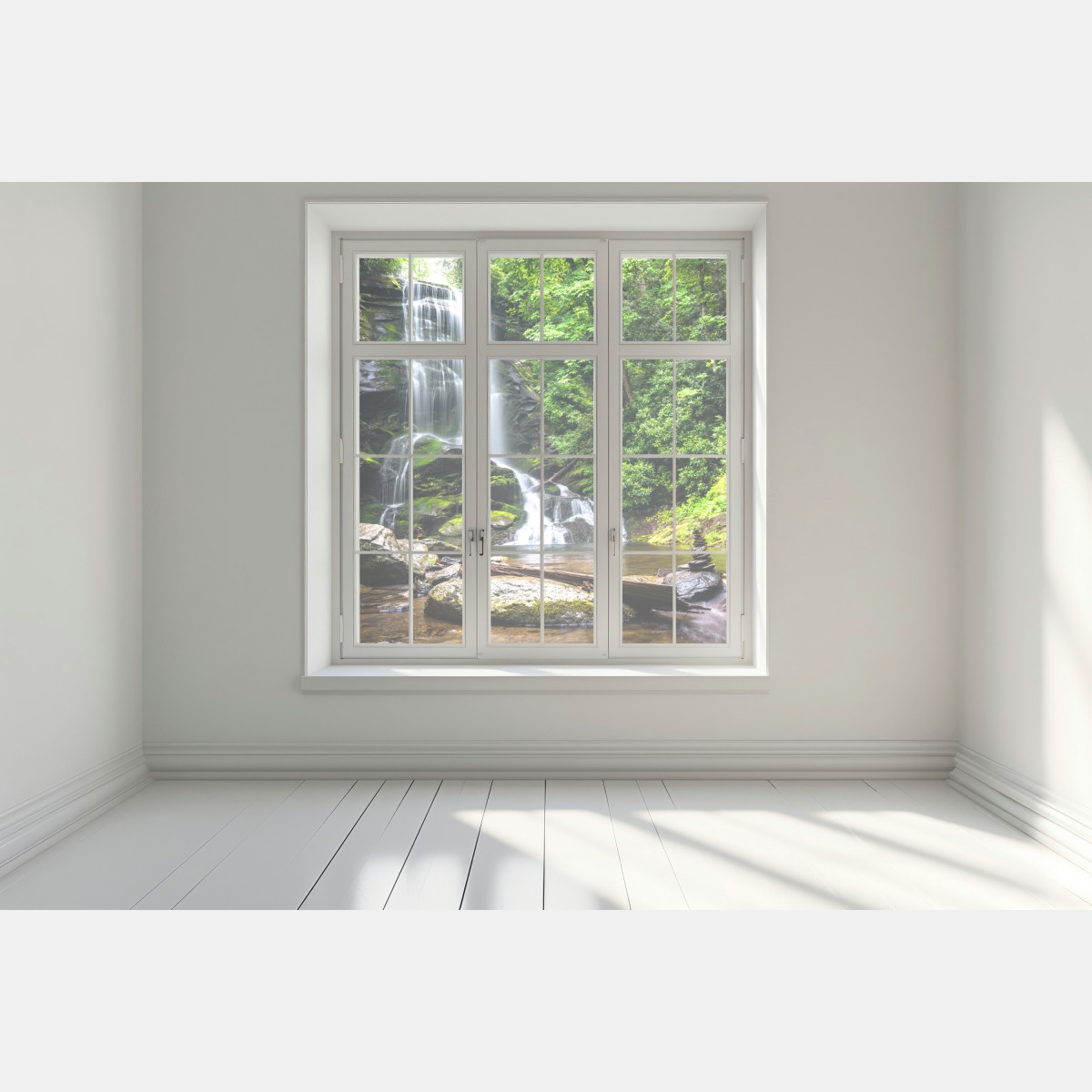 Naklejka na okno spokojny wodospad w lesie – Wallissimo® Naklejka na okno spokojny wodospad w lesie – Wallissimo®
