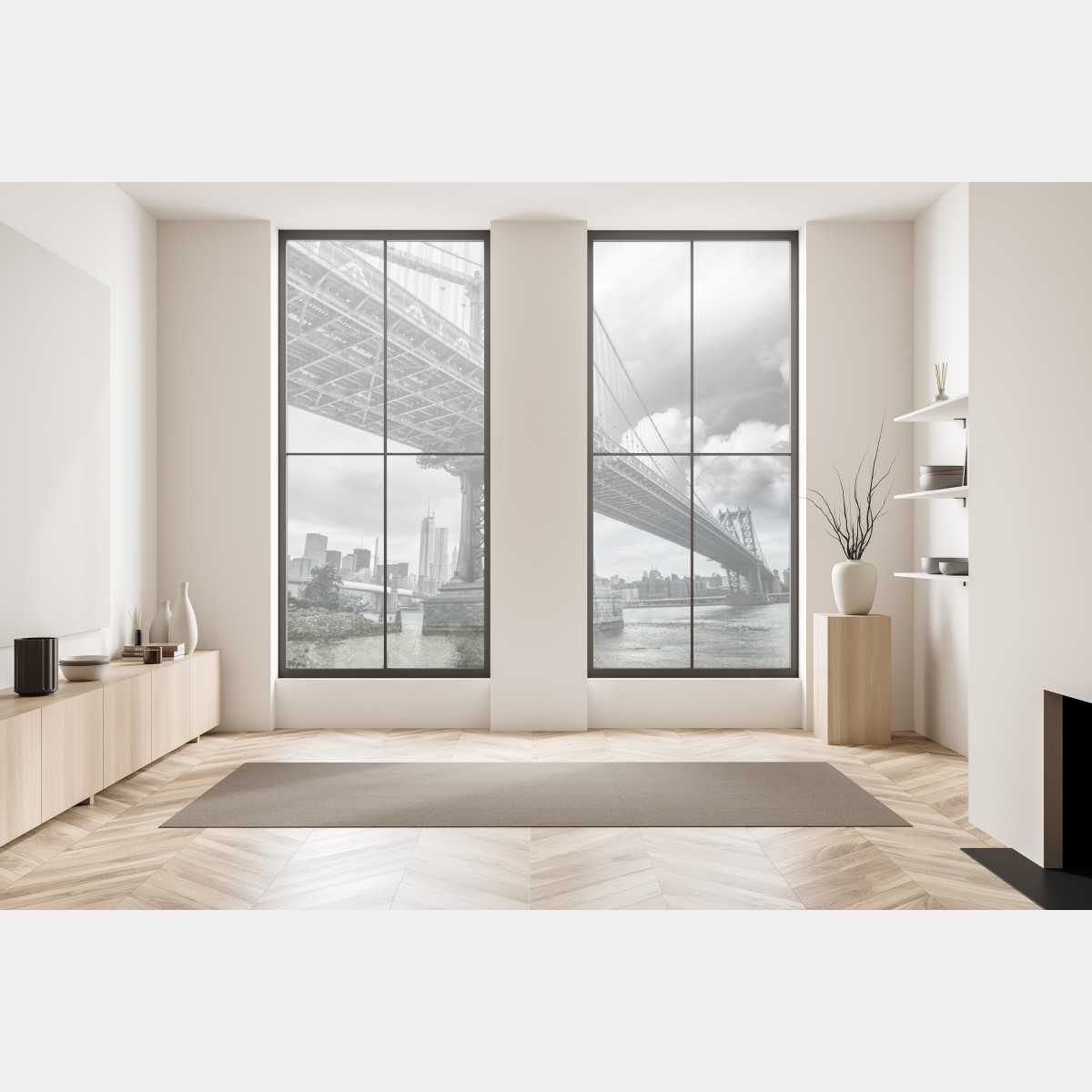 Naklejka na okno widok z dołu na most Manhattan i panoramę Nowego Jorku – Wallissimo® Naklejka na okno widok z dołu na most Manhattan i panoramę Nowego Jorku – Wallissimo®
