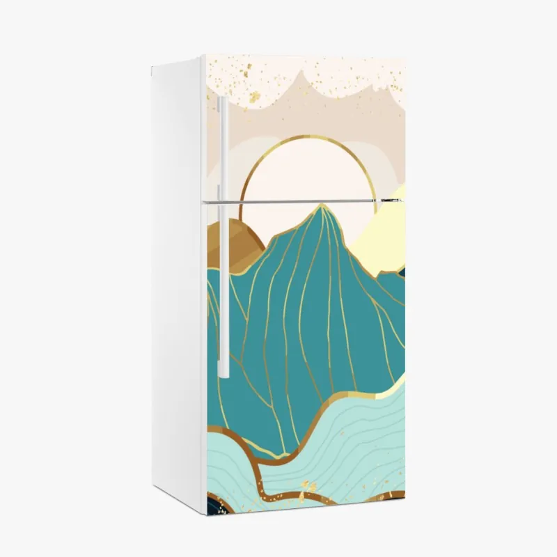 Naklejka na lodówkę turkusowe góry o złotych akcentach