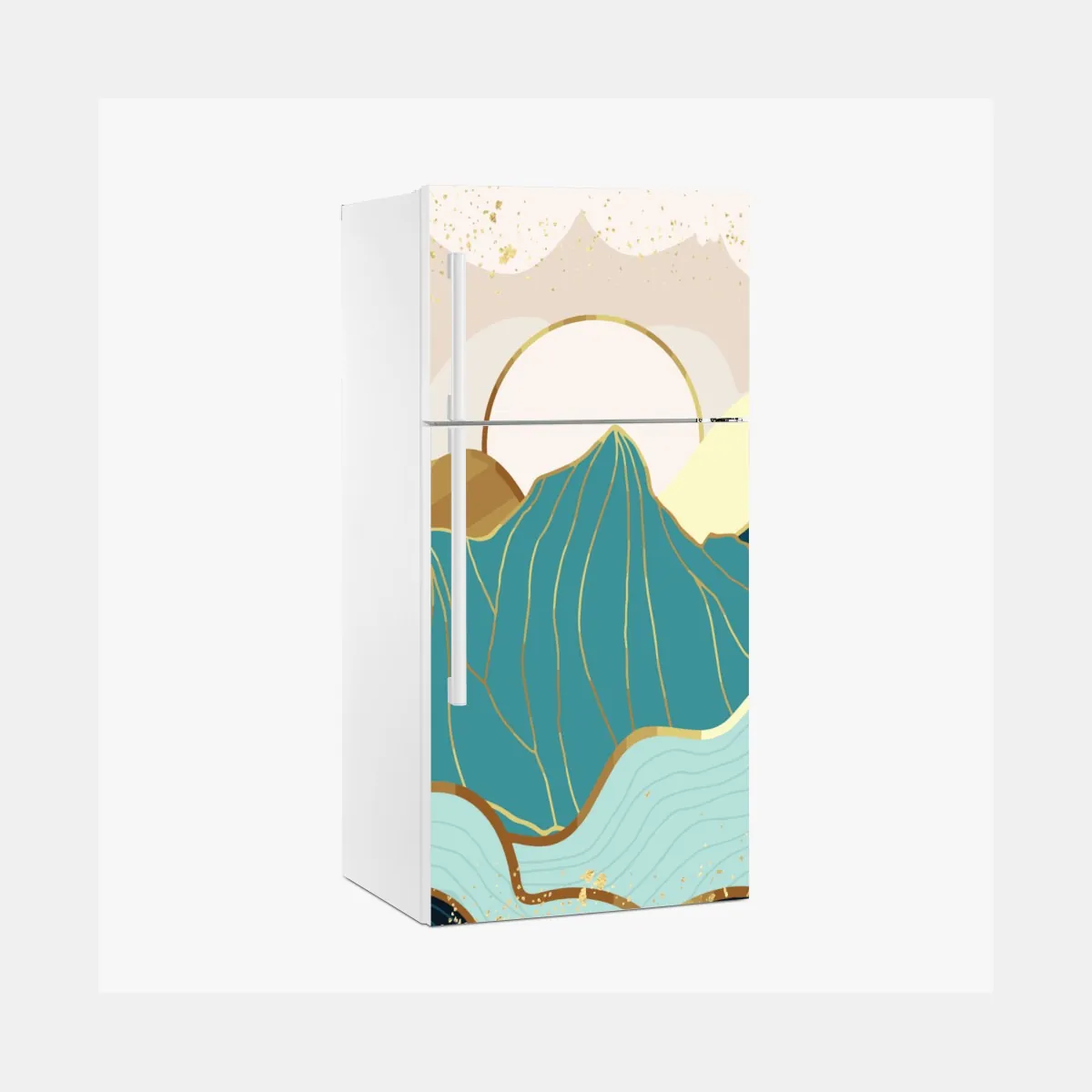 Naklejka na lodówkę turkusowe góry o złotych akcentach – Wallissimo® Naklejka na lodówkę turkusowe góry o złotych akcentach – Wallissimo®