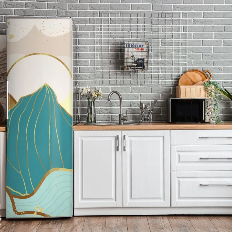 Naklejka na lodówkę oceaniczny błękit i złote zawirowania – Wallissimo®