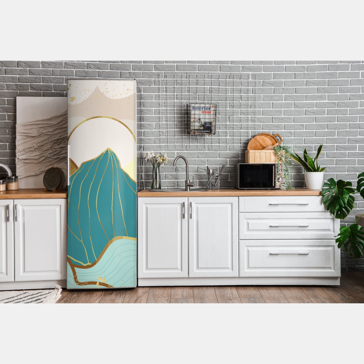 Naklejka na lodówkę turkusowe góry o złotych akcentach – Wallissimo® Naklejka na lodówkę turkusowe góry o złotych akcentach – Wallissimo®