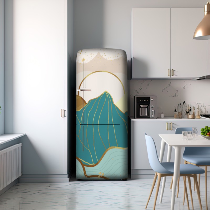 Naklejka na lodówkę turkusowe góry o złotych akcentach – Wallissimo® Naklejka na lodówkę turkusowe góry o złotych akcentach – Wallissimo®