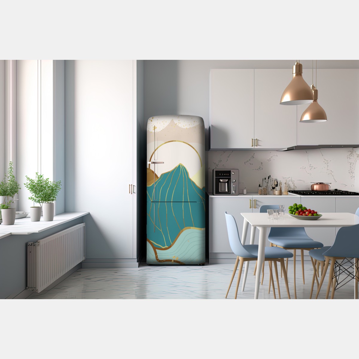 Naklejka na lodówkę turkusowe góry o złotych akcentach – Wallissimo® Naklejka na lodówkę turkusowe góry o złotych akcentach – Wallissimo®
