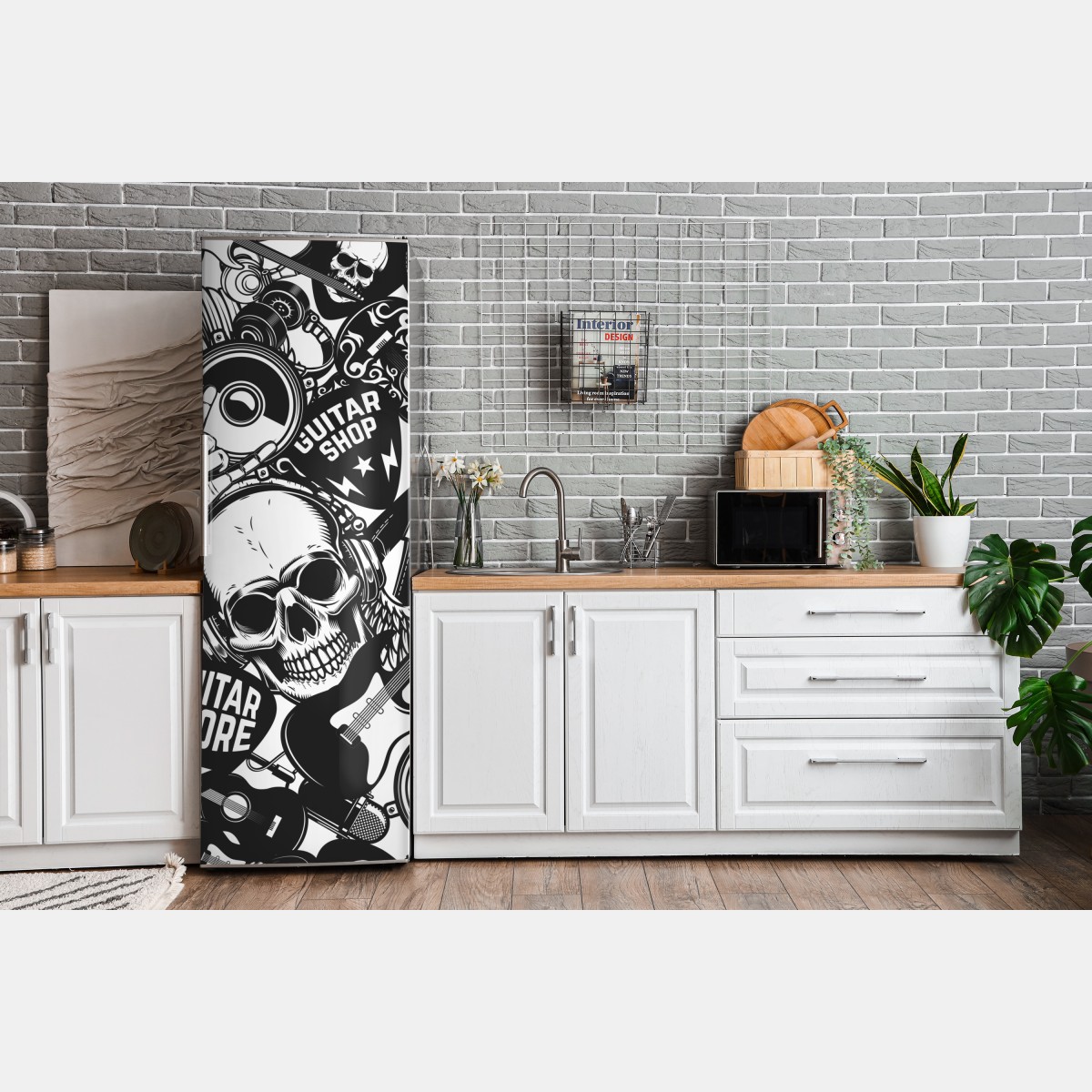 Naklejka na lodówkę rockowy kolaż z czaszką i gitarami – Wallissimo® Naklejka na lodówkę rockowy kolaż z czaszką i gitarami – Wallissimo®