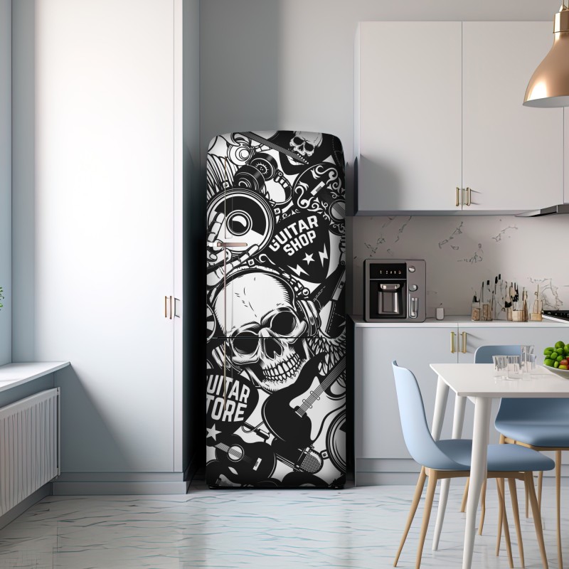 Naklejka na lodówkę rockowy kolaż z czaszką i gitarami – Wallissimo® Naklejka na lodówkę rockowy kolaż z czaszką i gitarami – Wallissimo®