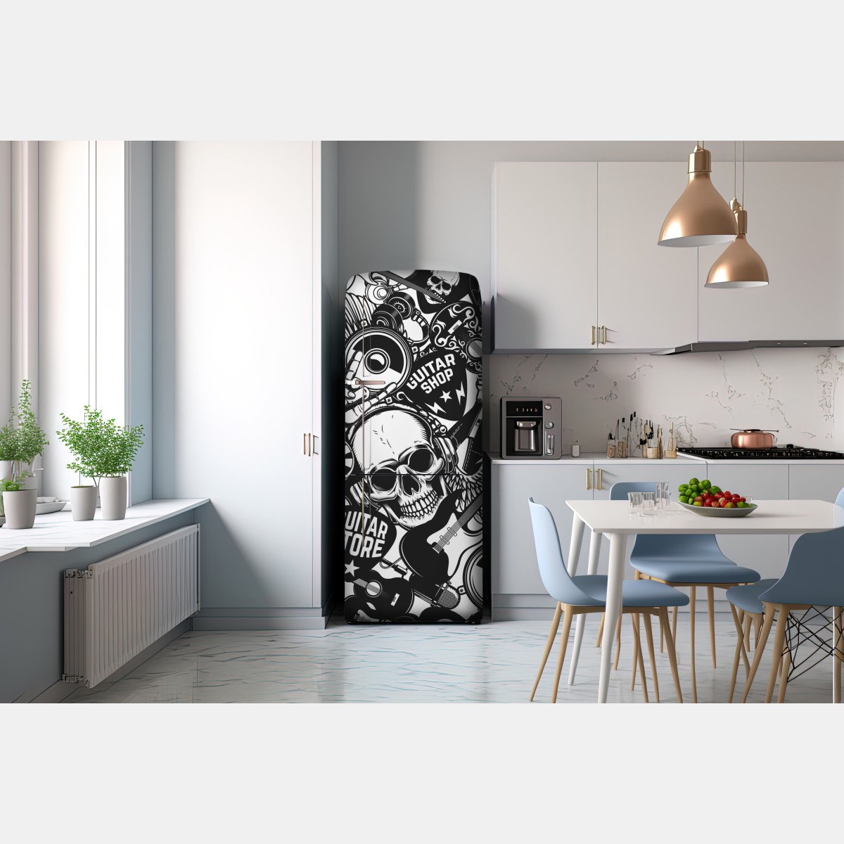 Naklejka na lodówkę rockowy kolaż z czaszką i gitarami – Wallissimo® Naklejka na lodówkę rockowy kolaż z czaszką i gitarami – Wallissimo®