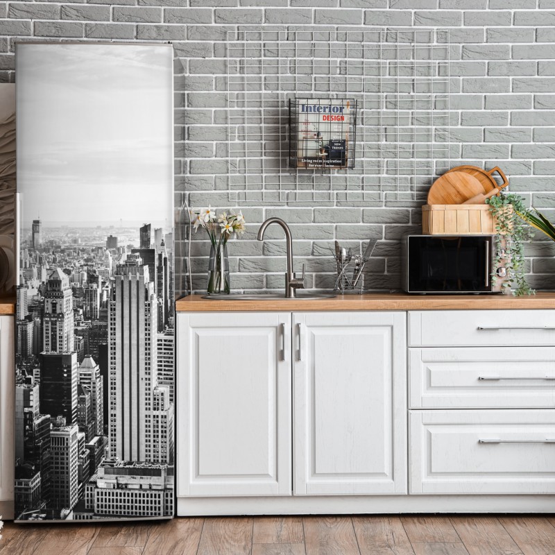 Naklejka na lodówkę turkusowe góry o złotych akcentach – Wallissimo®