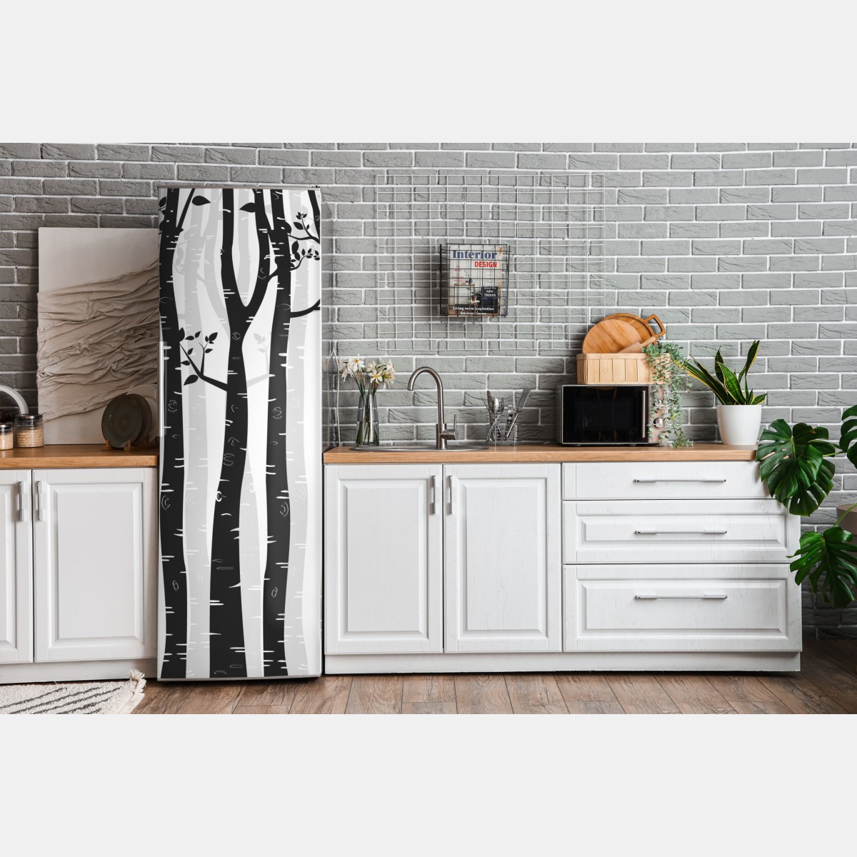 Naklejka na lodówkę monochromatyczny las brzóz – Wallissimo® Naklejka na lodówkę monochromatyczny las brzóz – Wallissimo®