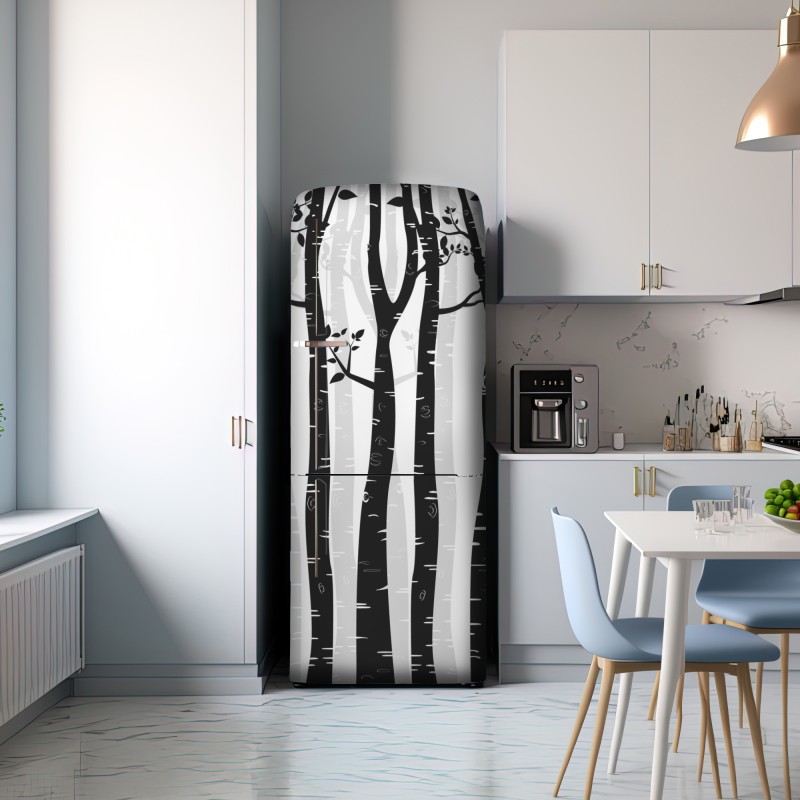 Naklejka na lodówkę monochromatyczny las brzóz – Wallissimo® Naklejka na lodówkę monochromatyczny las brzóz – Wallissimo®